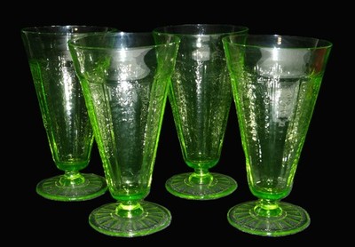 4 Hocking Princess Uranium Green Depression Glass Footed Ice Tea Tumblers 6 1/2''