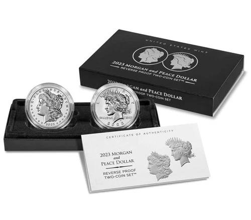 2023 US Mint Morgan & Peace Silver Dollar Two Coin Reverse Proof Set Box & COA