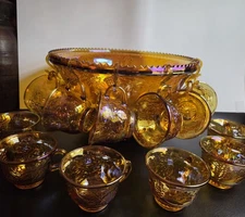 Vintage Iridescent Gold Carnival Glass Princess Punch Bowl Set by Indiana Glass