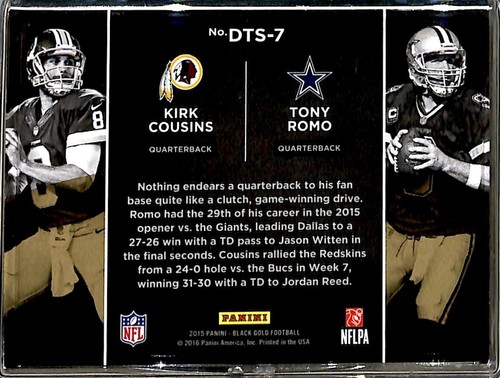 2015 Panini Black Gold Duel Symbols Kirk Cousins/Tony Romo Washington Redskins/ - Picture 2 of 2
