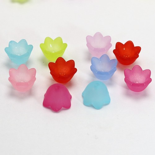 200 Mixed Color Frosted Acrylic Flower Bell Beads Cap 10mm Center Hole - Picture 8 of 9