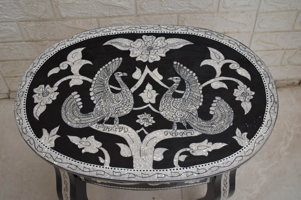 Moroccan Wood Side Coffee Oval Table, Persian Design Mother of Pearl Inlay - Image 3 of 4
