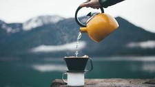 Landscape kettle cup hands mountains snowy peak lake Custom Gaming Mat Desk