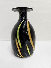 Vintage Black Art Glass With Multicolored Lines Vase, 9 Inches, Unknown Maker