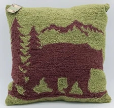 Bear Hooked Wool Pillow in Brown & Green 14" x 14" Home Decor, New w/Tags