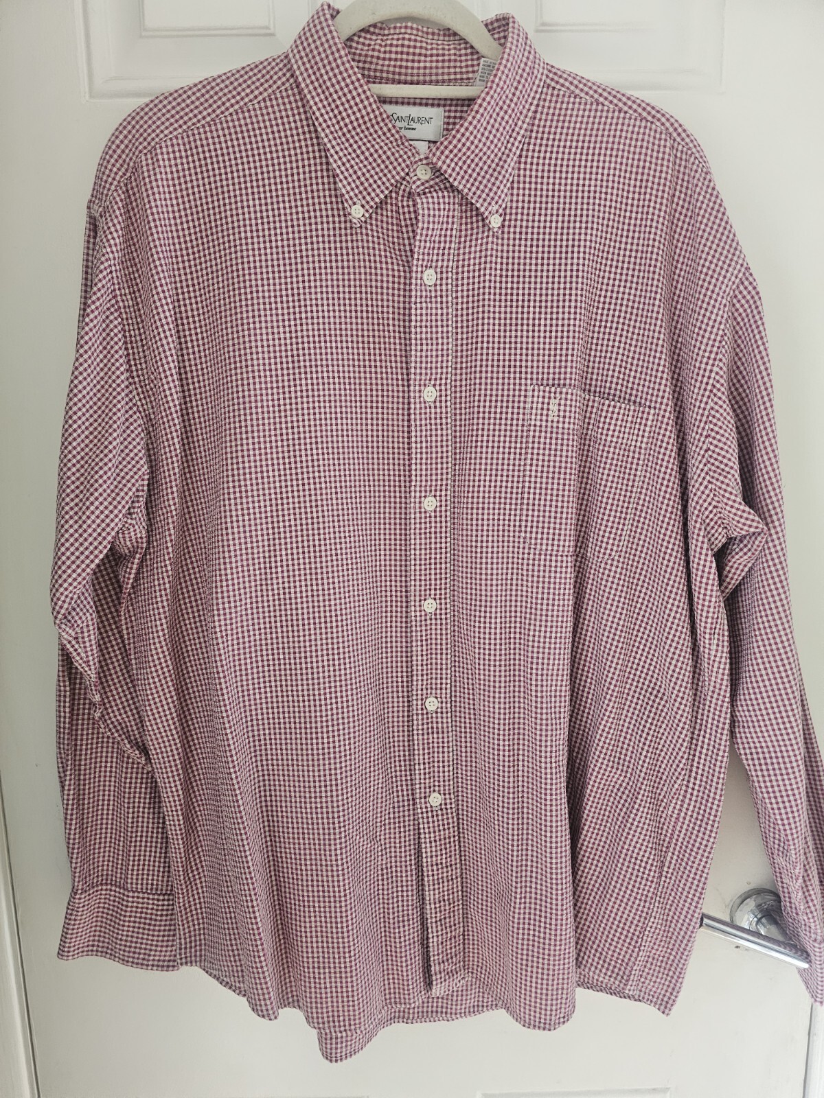 Camicia YSL Yves Saint Laurent manica lunga quadri rosso bianco uomo 17 5" Seersucker