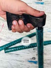 Green Leather Finished Wooden Walking Stick/ Cane Handmade Beautiful Axe Handle