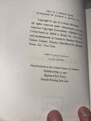 All The Pretty Horses by Cormac McCarthy Hb 7th Printing June 1992 US Knopf - Picture 8 of 9