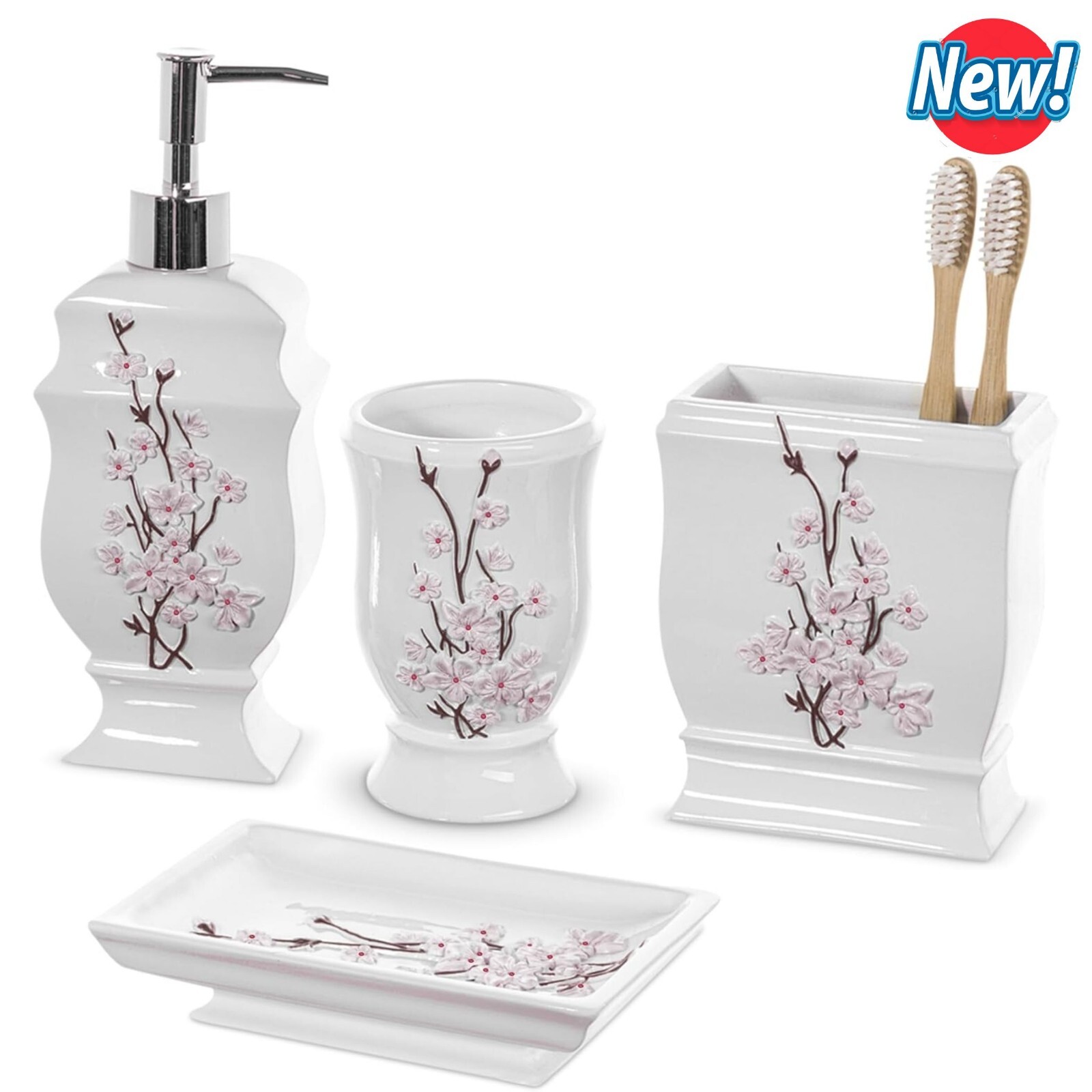 4pcs Cherry Blossom Bathroom Set - White Home Decor for Restroom
