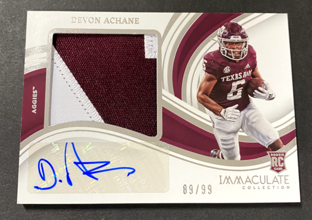 2023 PANINI IMMACULATE DEVON ACHANE AUTO PATCH 89/99 RC TEXAS A&M