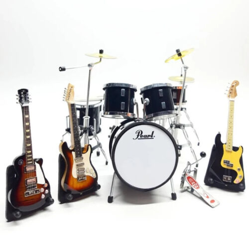 Miniature Drum Set 3 Guitar 1:12 Exclusive Black Instrument Gift Display Figure - Picture 1 of 5