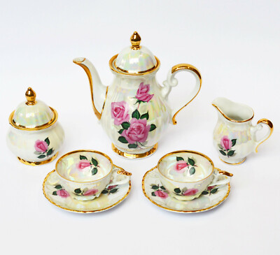 Porzellan Tête-á-Tête Kaffeeservice Mokkaservice Service Rosen Goldrand 1950er