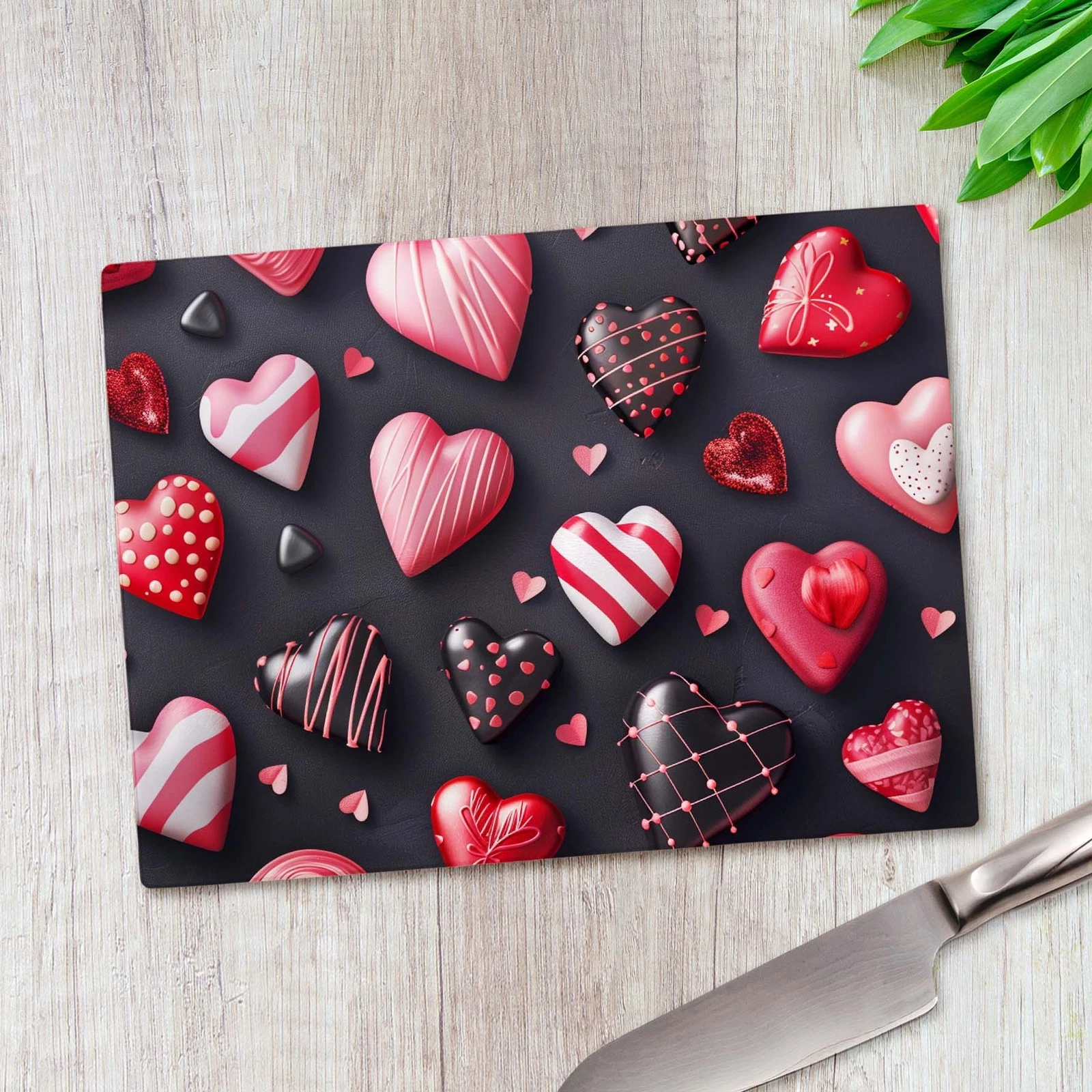 Heart Chocolates Pattern Glass Chopping Board Large Kitchen Worktop Saver