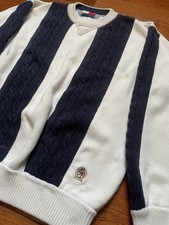 VTG Tommy HIlfiger Heavy Cotton Cable Knit Striped Sweater Mens Large Navy/White