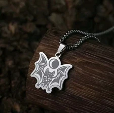 Bat Necklace HQ Engraved Silver Stainless Steel Celestial Moon Style 60cm Chain 