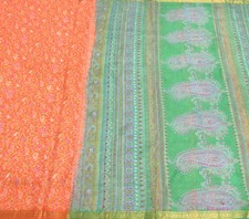 Sushila Vintage Orange Green Saree Pure Silk Printed Paisley Soft 6 Yard Fabric