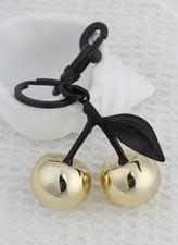 Gold Mirrored Cherry Bag Charm Keychain   Black Hardware   Luxe Fruit Accessory