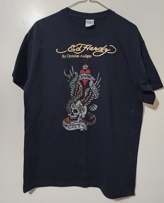 Ed Hardy By Christian Audigier New York City Skull Rhinestones T-Shirt M 20x28''