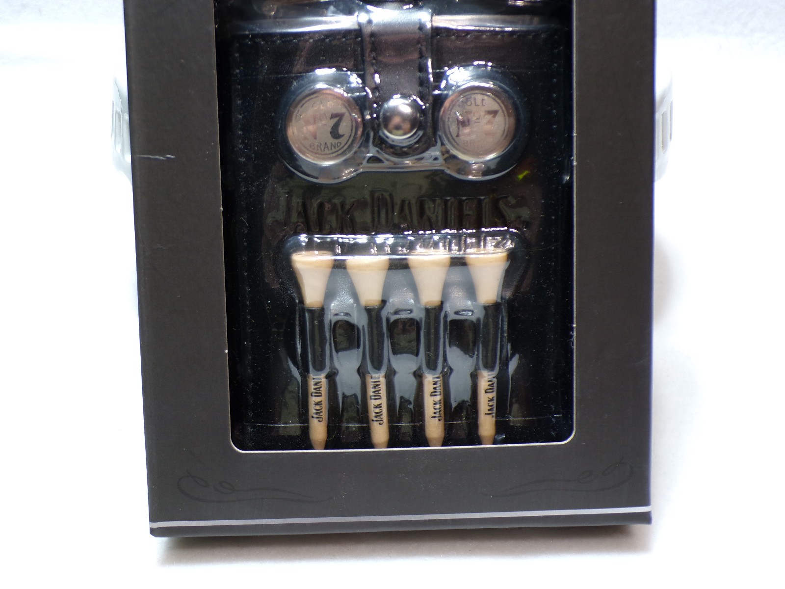 Jack Daniels Leather Wrapped Stainless Steel Flask W/Golf Balls & Tees. NIB