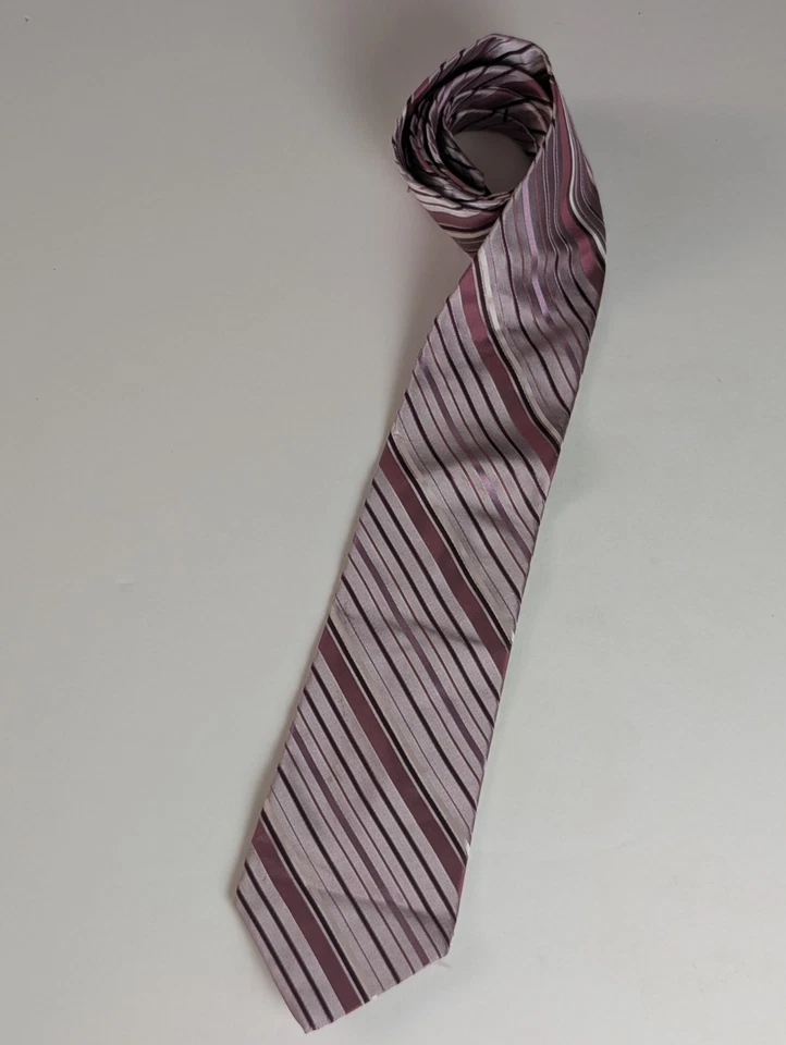 DKNY Men’s Silk Tie – Pink & Burgundy Diagonal Stripe Pattern – Classic Neckwear - Image 2 of 4