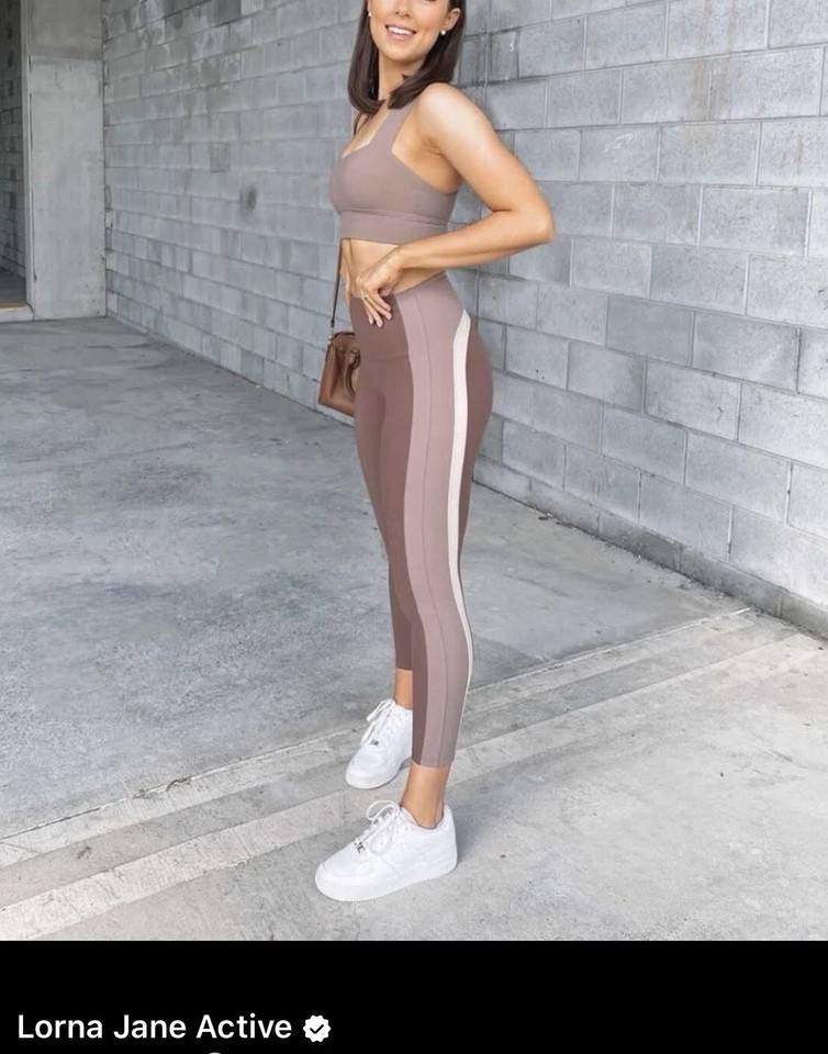 Lorna Jane 2pc Leggings & Sports Bra Set Pockets Brown/Taupe Colourblock S