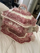 Mason's Vista Red / Pink Sauce Tureen w/ Underplate England 