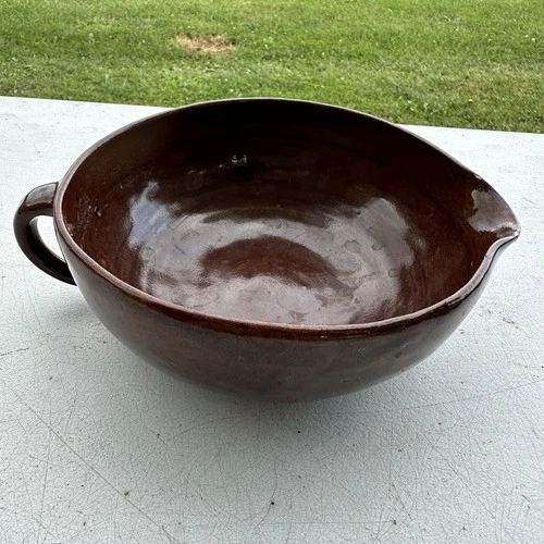 Brown Pottery Dark Brown Batter Mixing Bowl Spout Handle Mug Pitcher Creamer