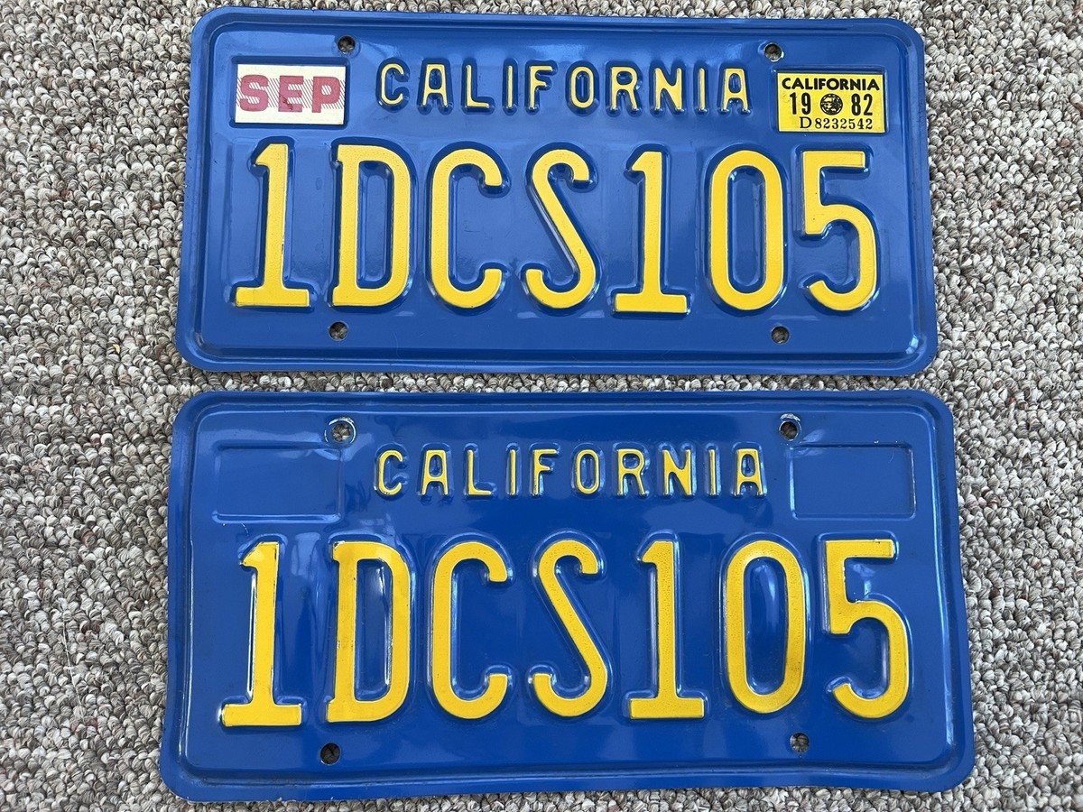 Vintage 1982 California License Plate Matching Pair Blue Yellow