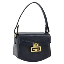 GIVENCHY Hand Bag Leather Navy Gold Auth SW18...