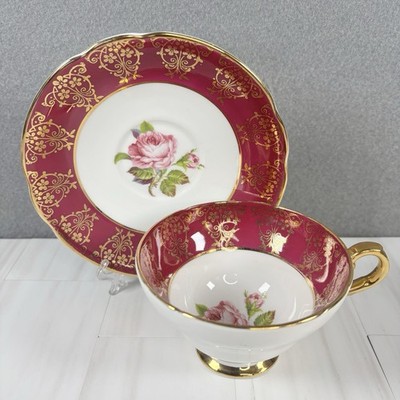 Vintage Staffordshire Tea Cup Saucer Cabbage Rose England Bone China Gold Trim