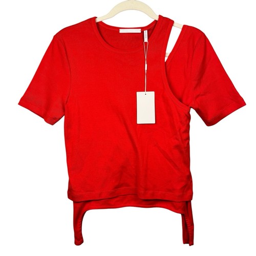 Helmut Lang Shirt Womens L Red Ribbed Layer Tee Cut-Out Shoulder Elongated Hem - Picture 2 of 14