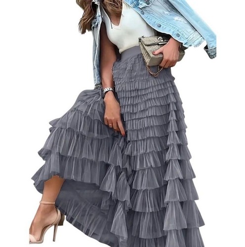 Y2k Gray High Waist Tiered Layered Ruffle Tulle Maxi Skirt XL Party Cocktail