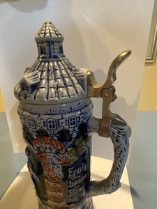 Western Germany Beer Stein Halt Mas u. Ziel Trink Nie Zuviel Hinged Lid Ceramic