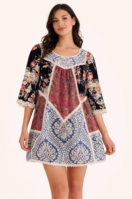 Vanessa Virginia Anthropologie Boho Patchwork Mini Dress Crochet Trim 2