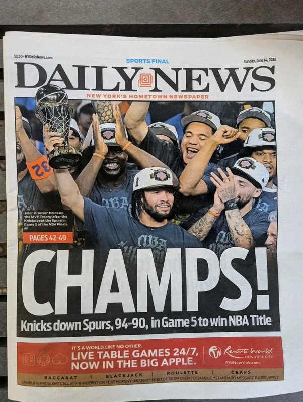 New York Daily News Knicks Chanpionship Sunday 6/14/26 Paper,Limited Printing,