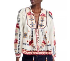 FARM Rio Marys Tiles Floral 100% Cotton Embroidered Blouse - MED