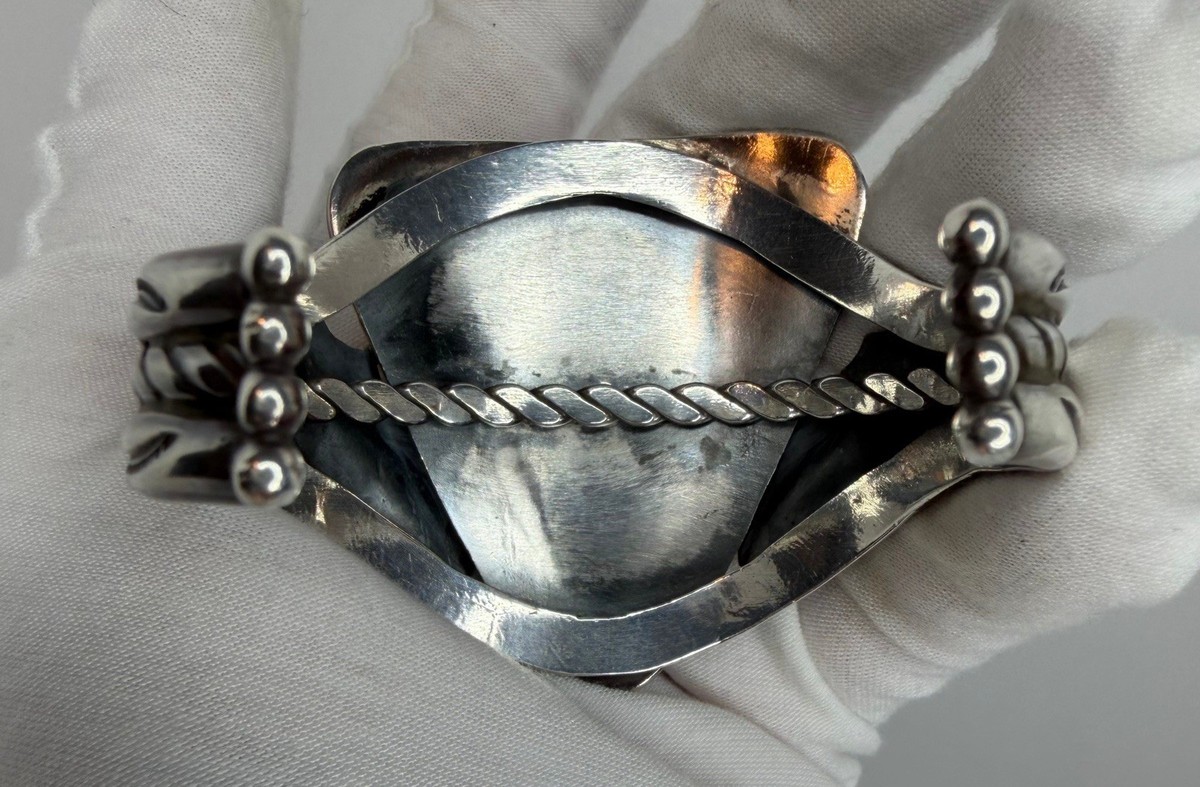 Vintage Navajo Native American Turquoise Cuff Bracelet Sterling Sliver 925 Heavy View 4