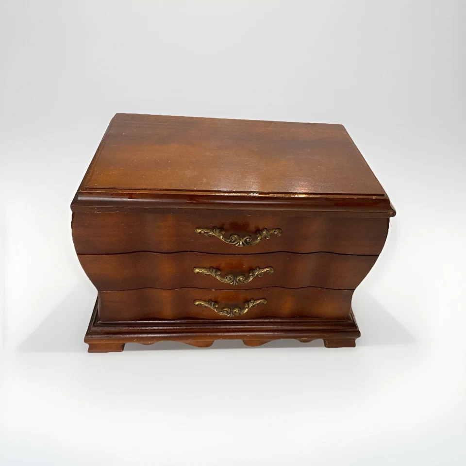 VINTAGE LARGE WOODEN JEWELRY BOX FELT LINING 3 DRAWERS JAPANESE - Image 4 of 4