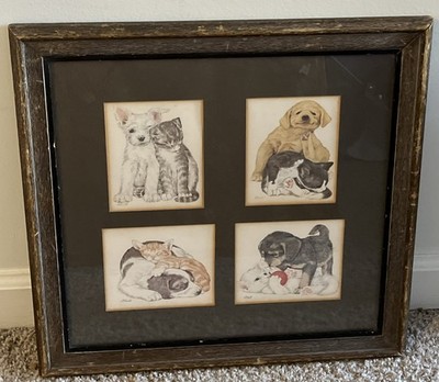 Adorable 4 Vintage Framed L K Powell  Cat Kitten Dog Puppy Art Prints