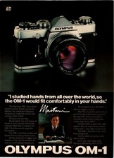 1980 Olympus OM-1 35mm SLR Camera - I studied hands Magazine Print Ad