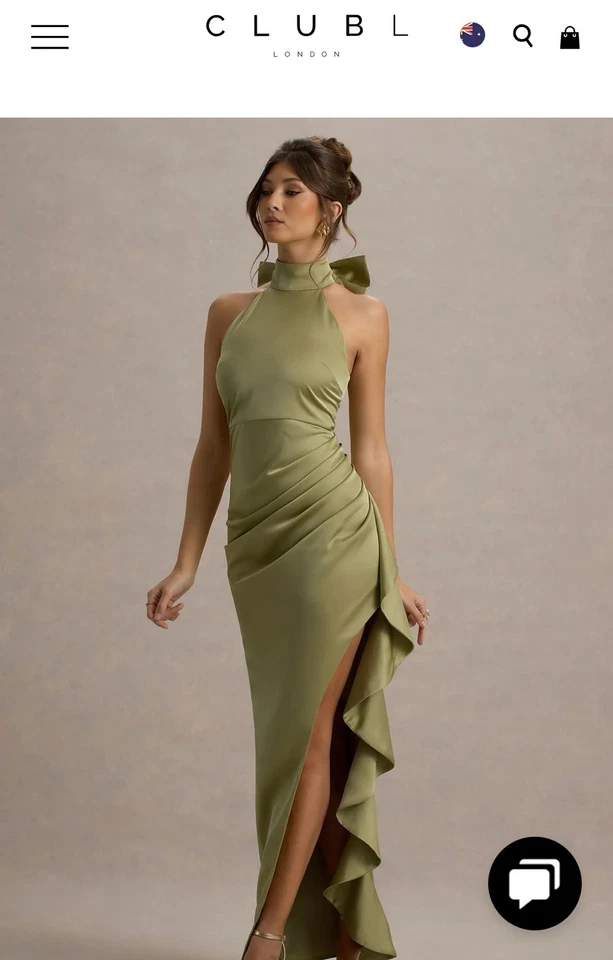 Club L Size 16 LIGHT GREEN SATIN HIGH-NECK DRAPED MAXI DRESS RRP $270