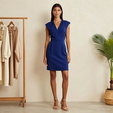 Evening Glam Midi Dress Blue Sheath V-Neck Sleeveless Zip Stretch Cocktail US 4