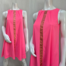 Vintage LORRAINE Neon Pink w Gold Ribbon Trim Nightgown Nylon Nightie - Size S