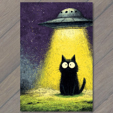 POSTAL Gato Negro Rayo OVNI Alien Cielo Nocturno Caprichoso Misterio Resplandor