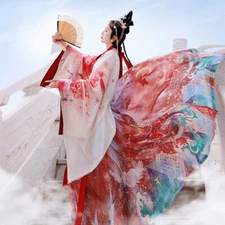 Chinese Style Red Hanfu Costumes Dresses Woman Stage Wear Folk Dance Robe Dress