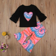  NEW Tie Dye Heart Girls Ruffle Sleeve Bell Bottoms Valentine's Day Outfit Set 