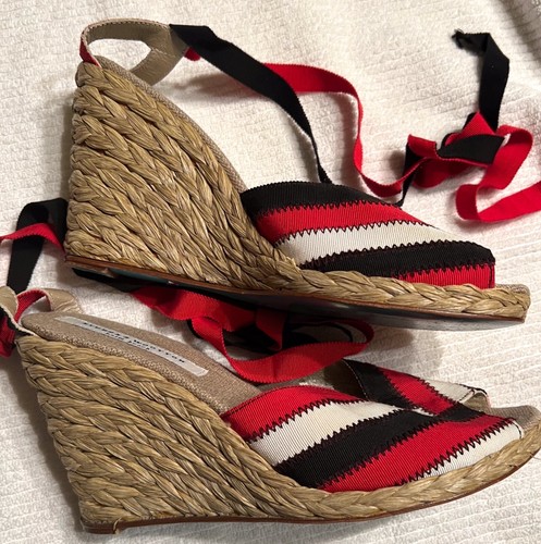 STUBBS & WOOTTON Espadrille Keilabsatz rot/schwarz/weiß Band Schnürung Größe 11