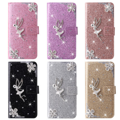 Bling Fly Angel Flower Flip Wallet Phone Case For Samsung S9 S10 S20 S21 Note 20