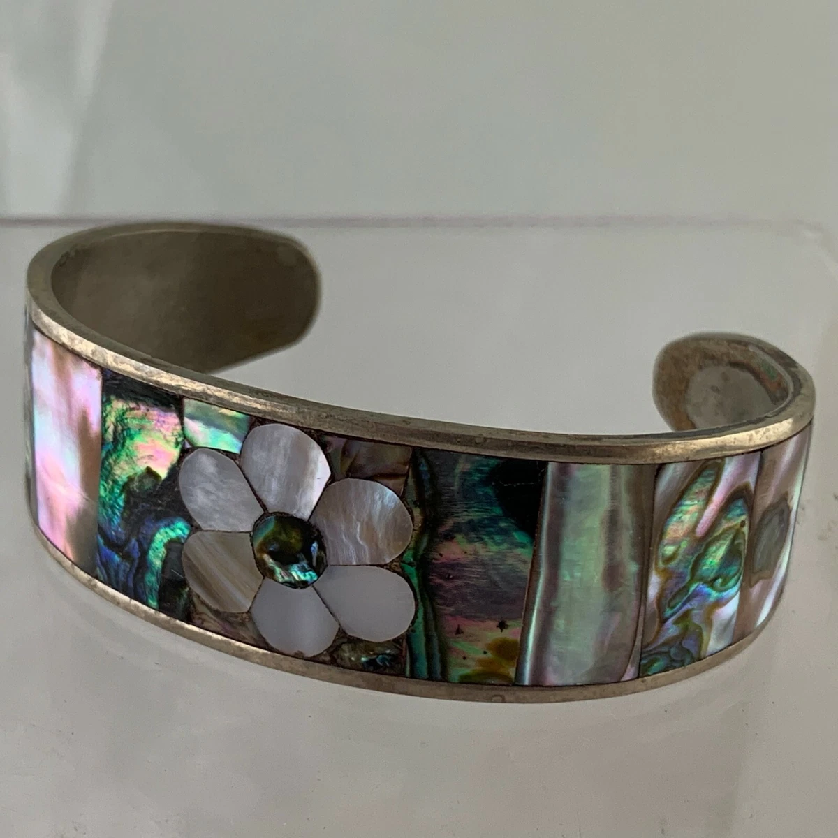 VINTAGE ALPACA SILVER ABALONE SHELL FLOWER INLAY CUFF BRACELET