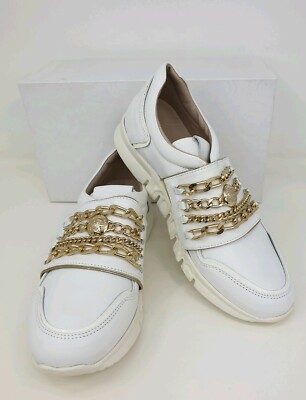 JUNGE VERSACE weiße Leder Slipper Sneaker mit Goldkette UK 2, UK 6